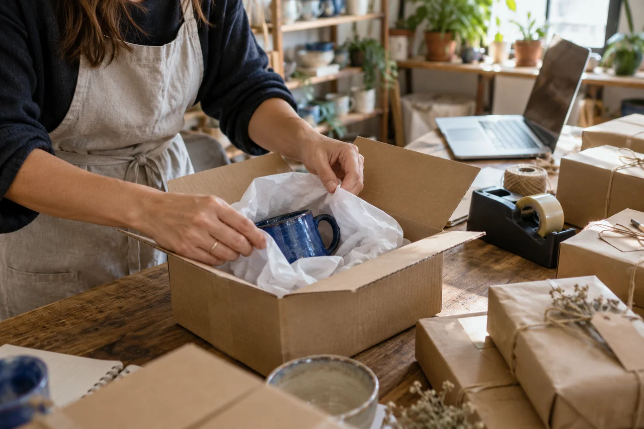 Bir e-ticaret siparişinin özenle paketlenmesi
